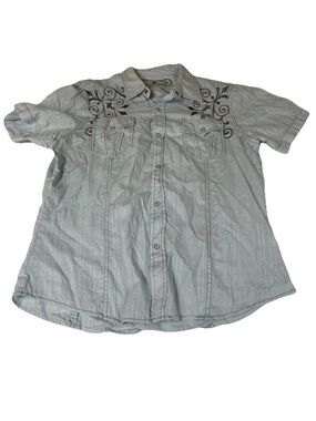 Pop Icon Clothing Buckle Men’s Size XL Short Sleeve Shirt Button Blue Embroidery